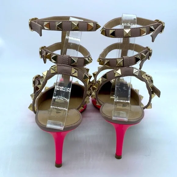 Valentino Garavani Hot Neon Pink patent leather Rockstud T strap pumps 39.5 - Picture 6 of 9